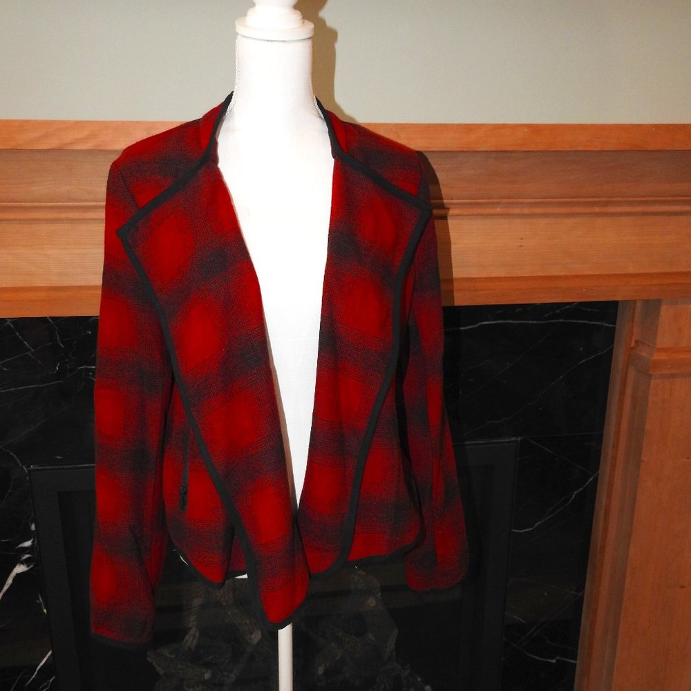 Ruff Hewn GREY Red Buffalo Plaid Open Front Jacket